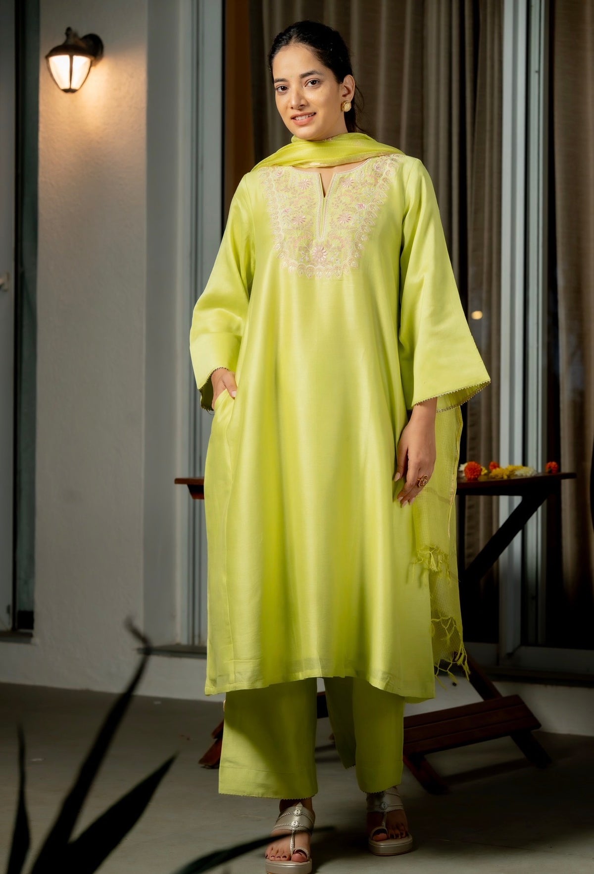 Pear Green Chanderi Silk Set