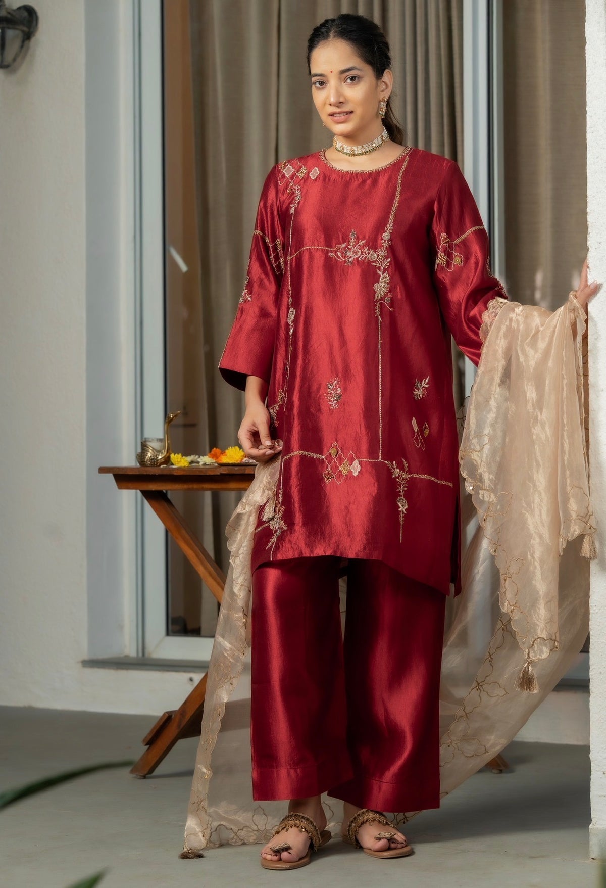Sangria Maroon Kora Silk Set