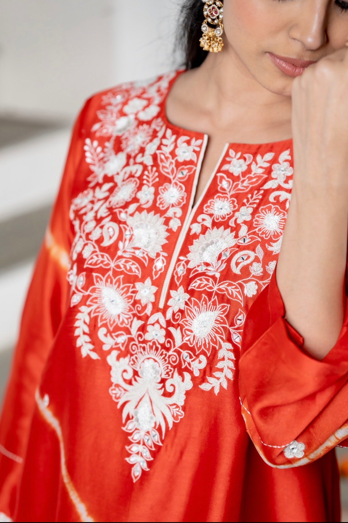 Flame Orange Lehriya Chanderi Silk Set