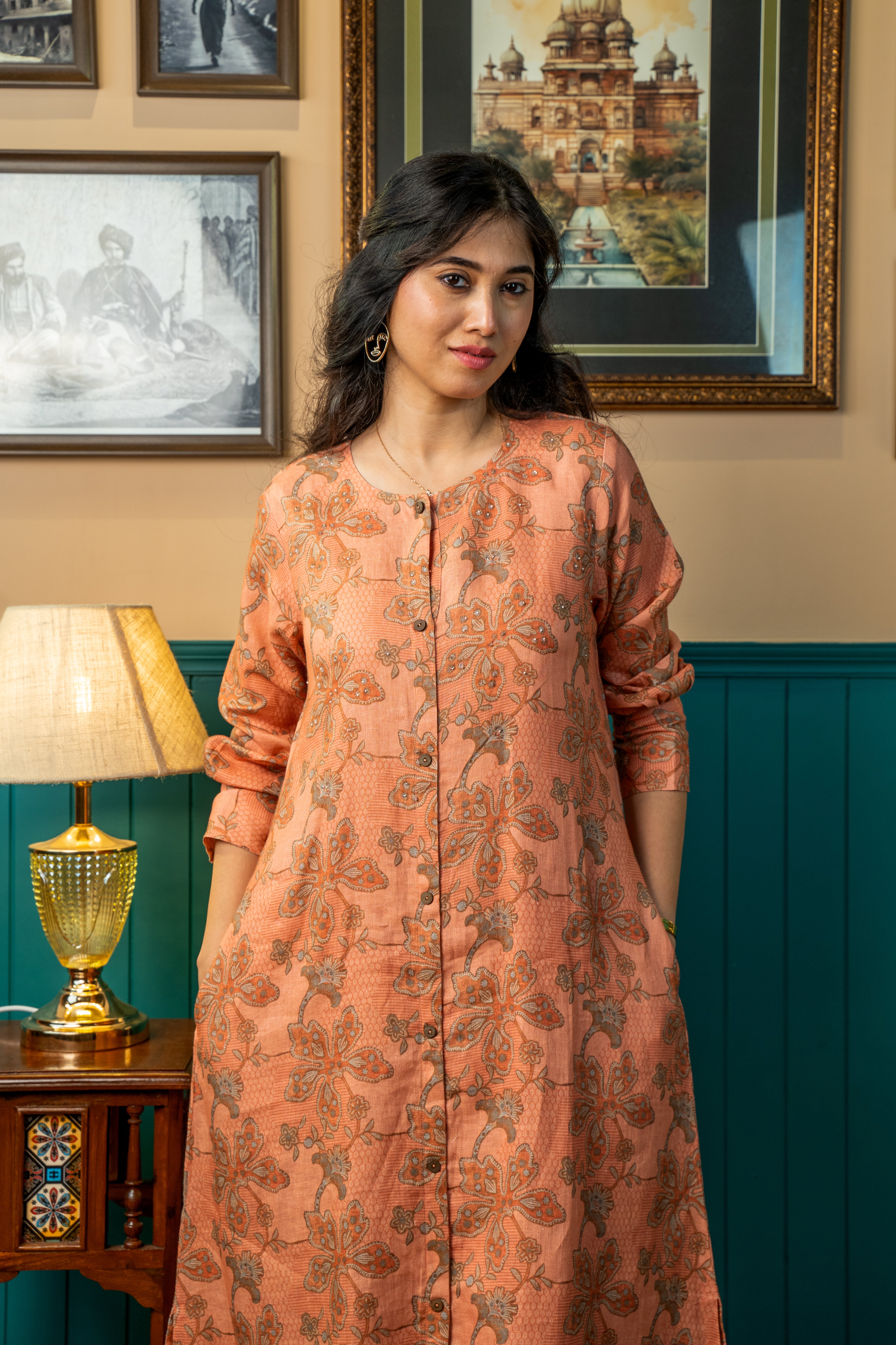 PEACH PRINTED LINEN PAIR