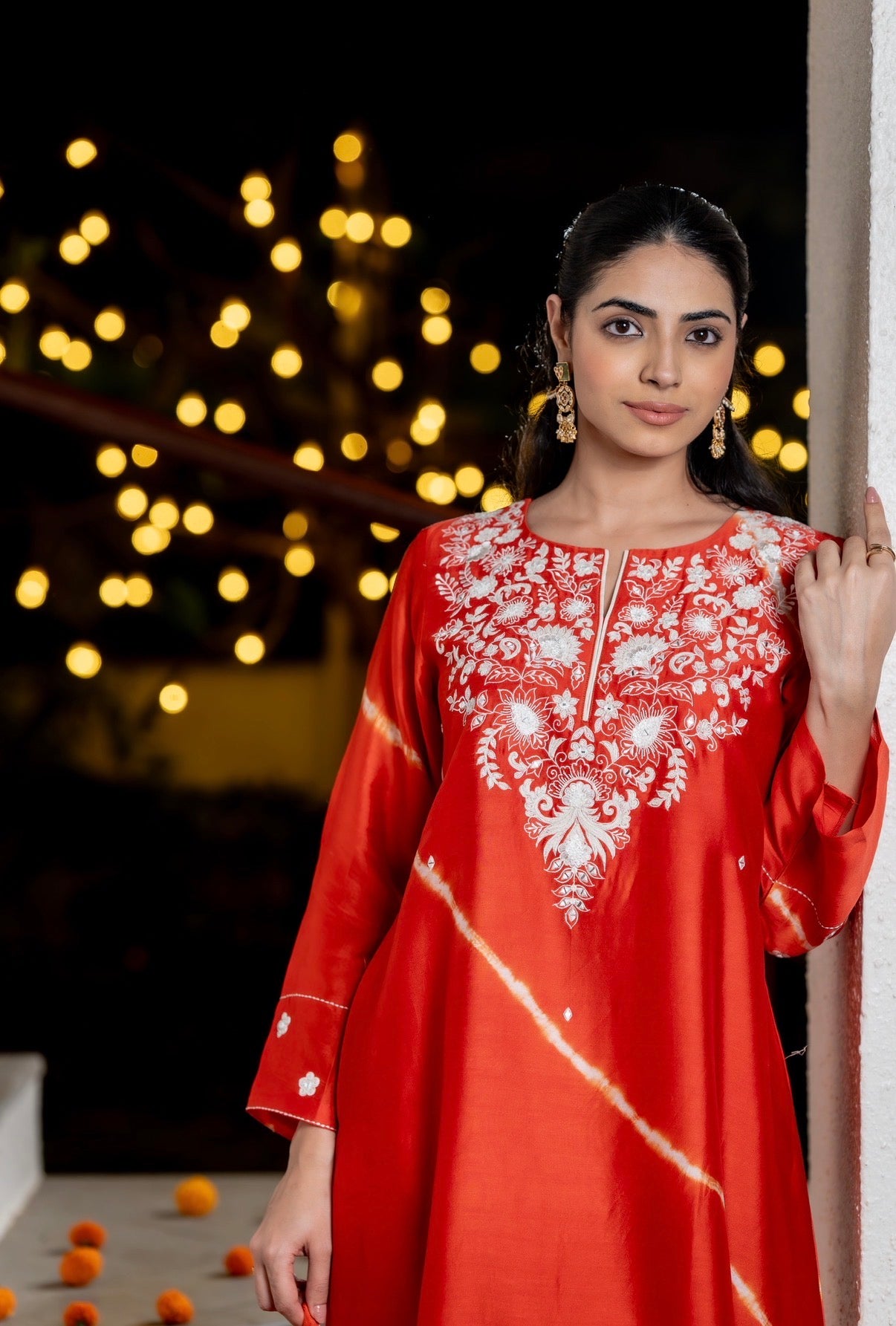 Flame Orange Lehriya Chanderi Silk Set