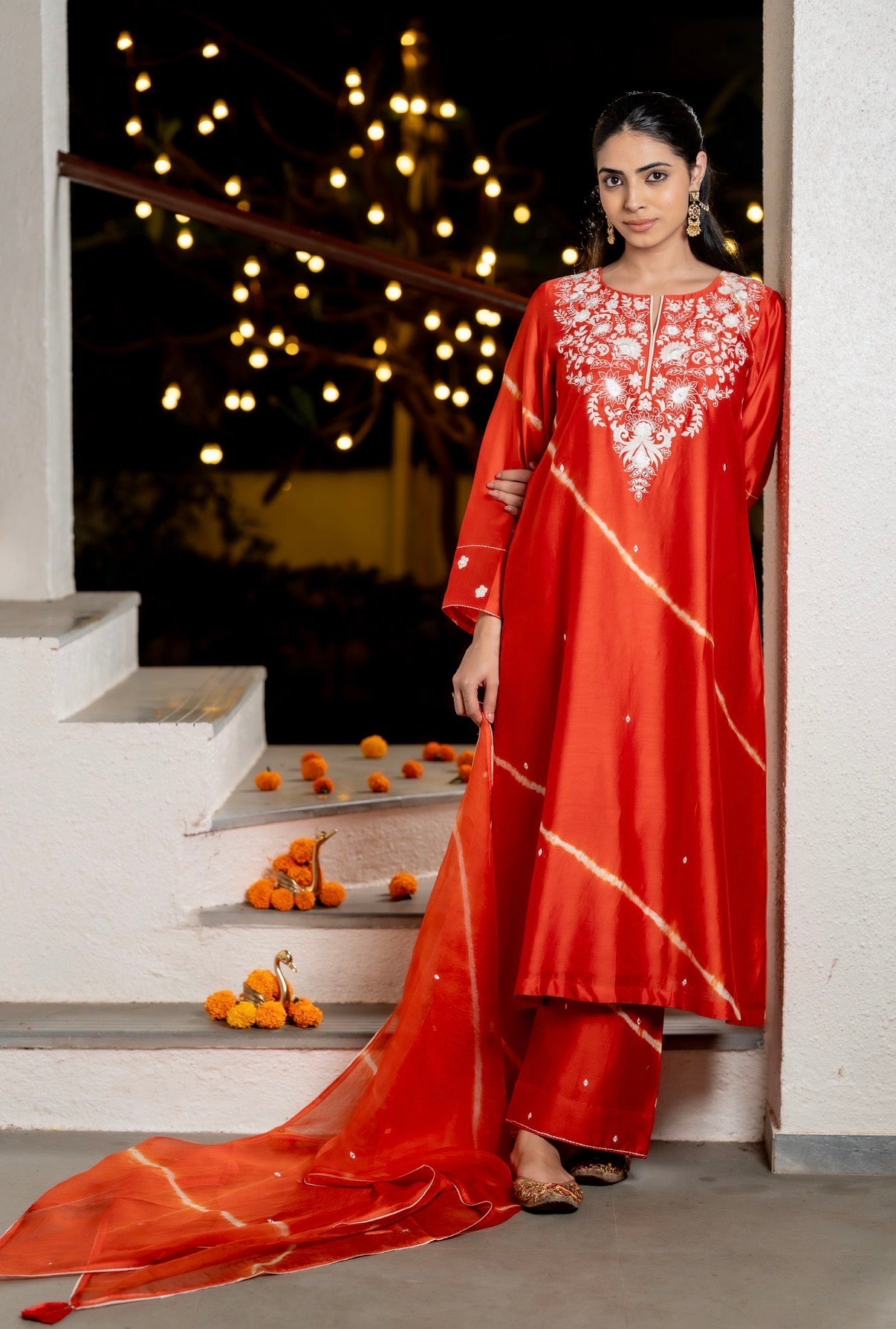 Flame Orange Lehriya Chanderi Silk Set