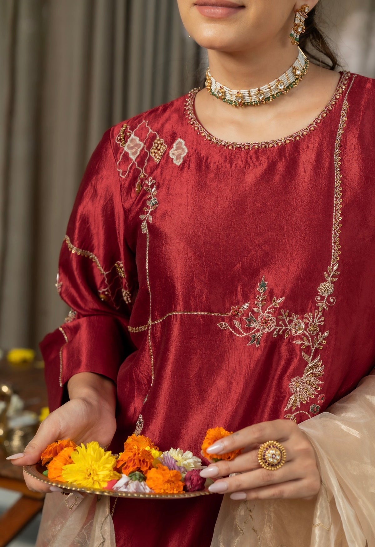 Sangria Maroon Kora Silk Set