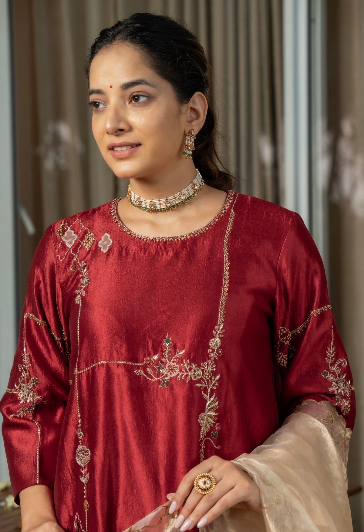 Sangria Maroon Kora Silk Set