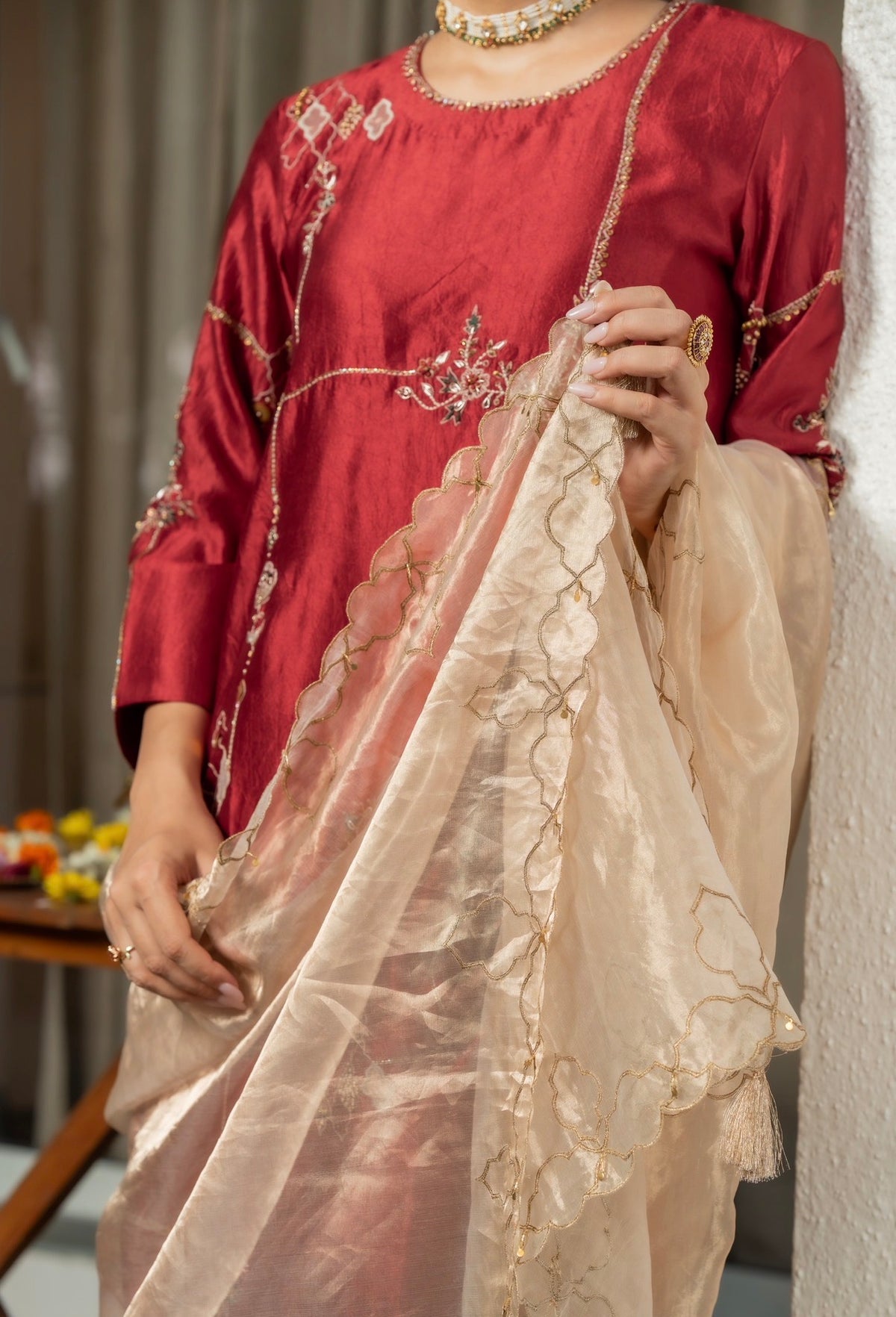 Sangria Maroon Kora Silk Set
