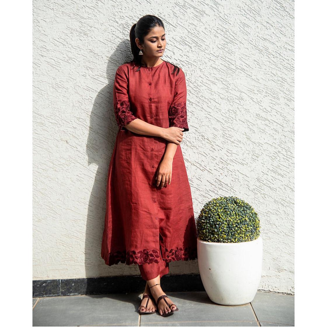 Maroon Rose Linen Plazoo Pair - Siara Women