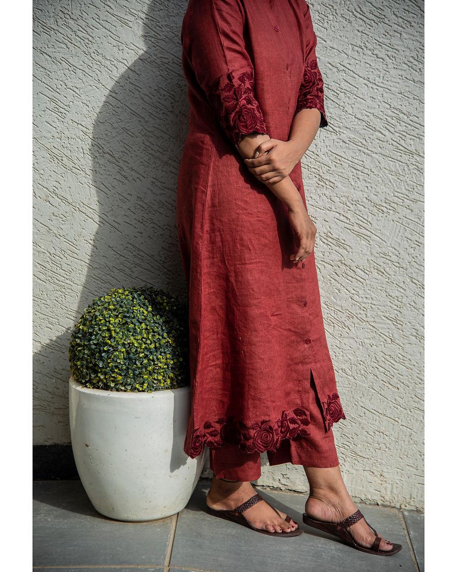 Maroon Rose Linen Plazoo Pair - Siara Women