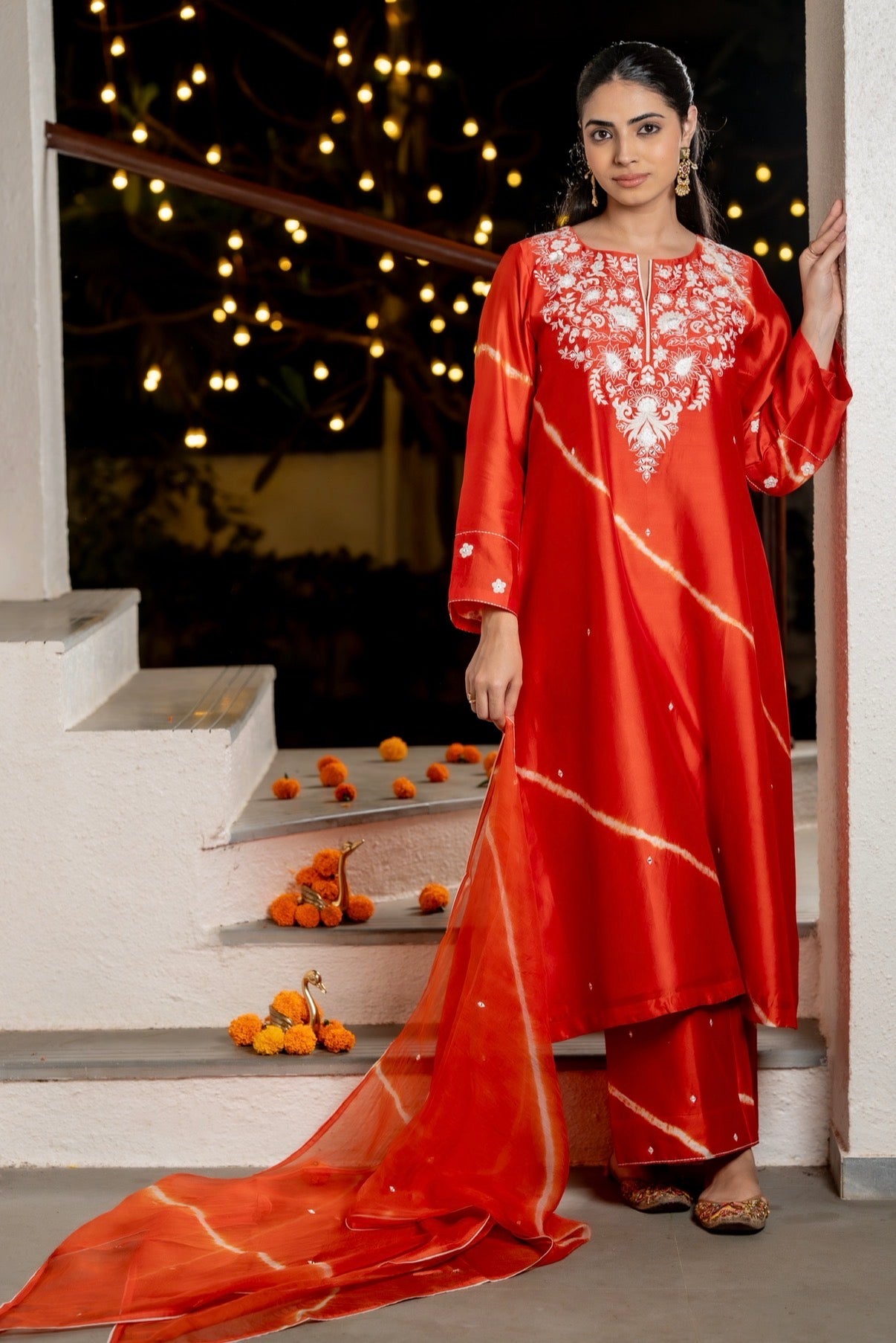Flame Orange Lehriya Chanderi Silk Set