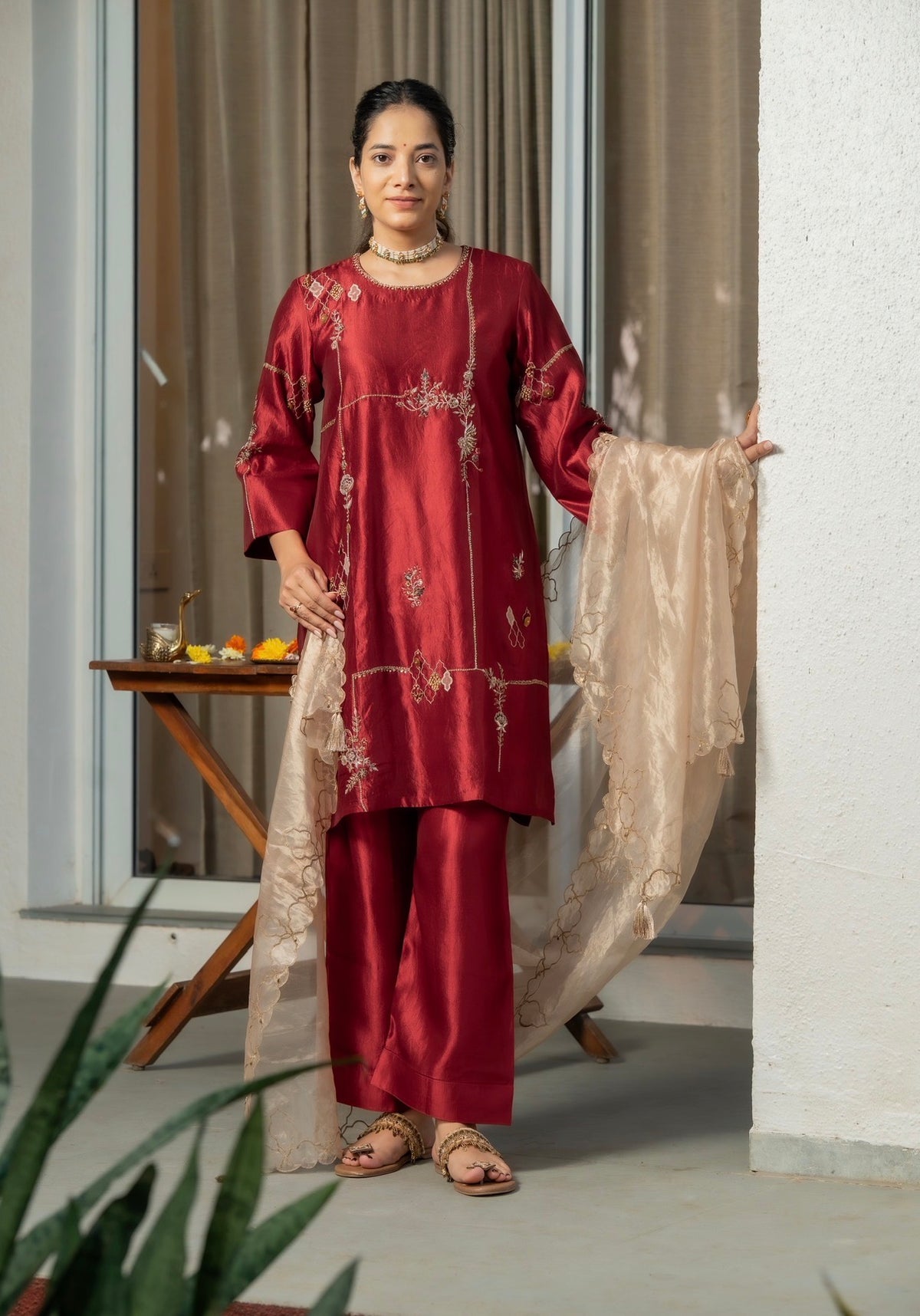 Sangria Maroon Kora Silk Set
