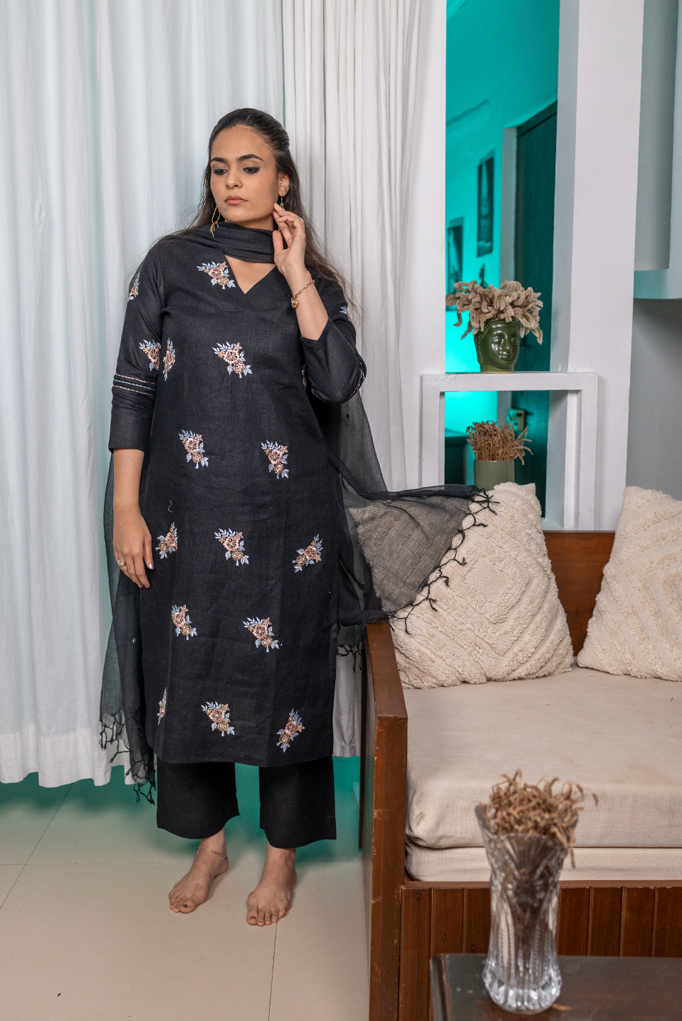 Black Bean Linen Kurta Set